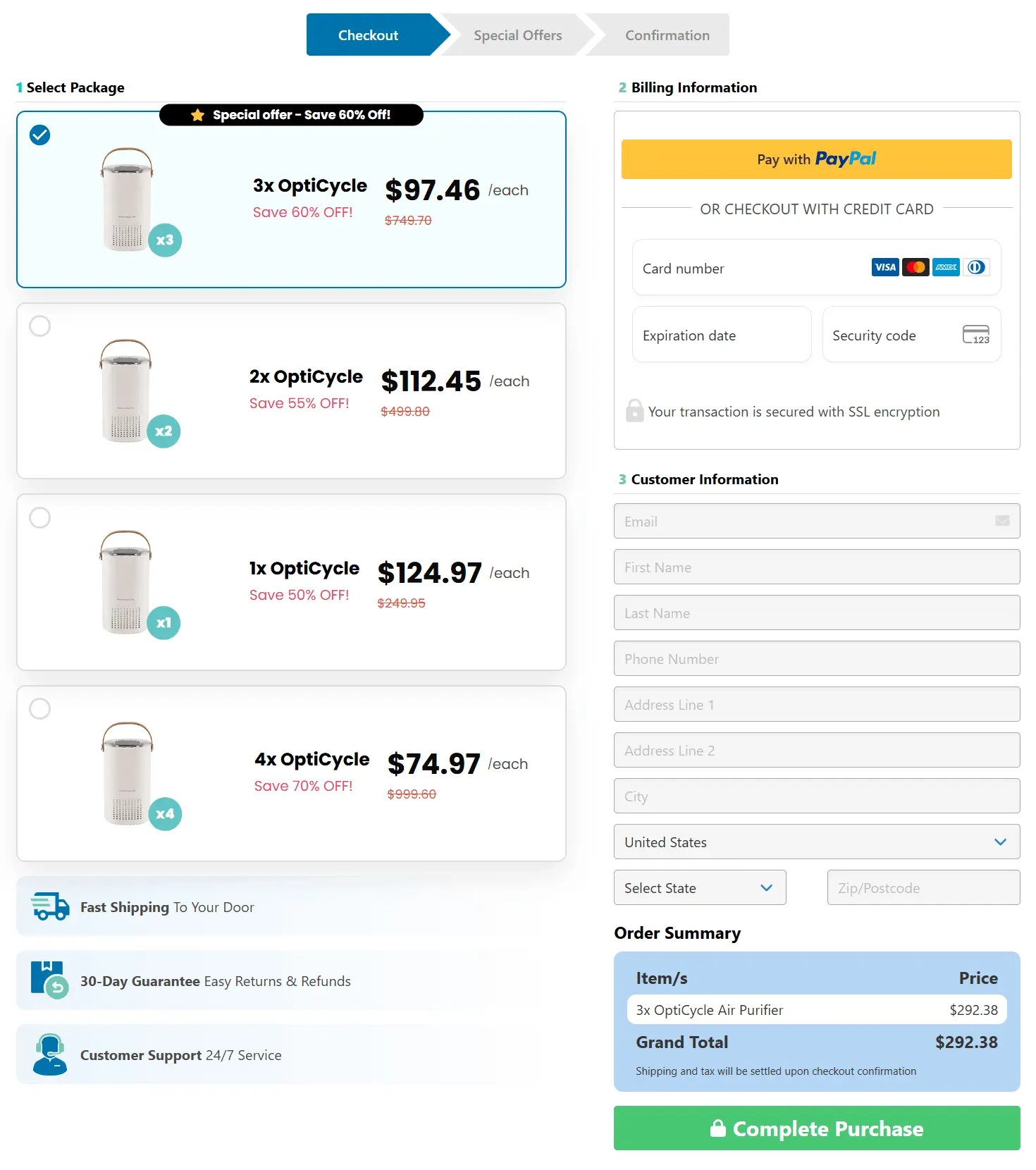 OptiCycle Air Purifier secure checkout page